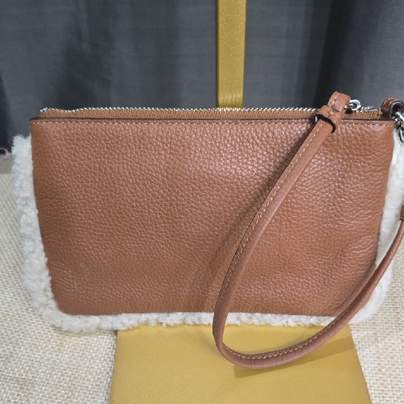 Coach Brown Leather Wristlet with Sherpa Shearling Trim - Picture 3 of 14